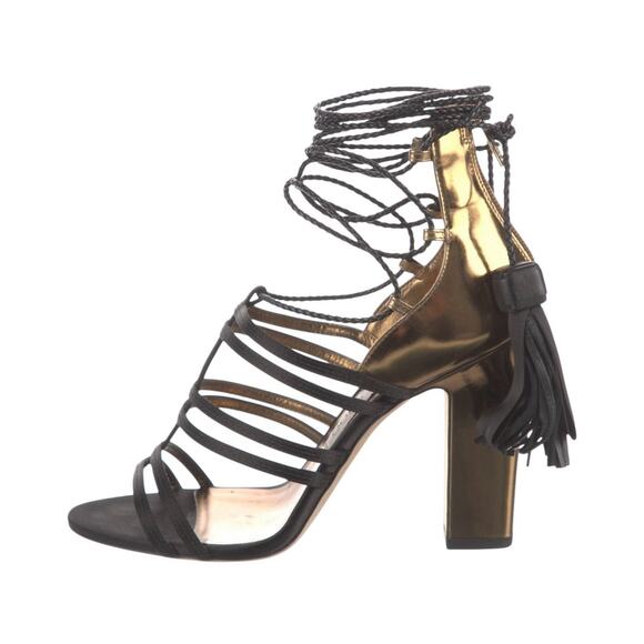 Jimmy Choo Diamond Black Satin Honey Gold Leather Sandals Tassels Heels Size 38 - Picture 5 of 13